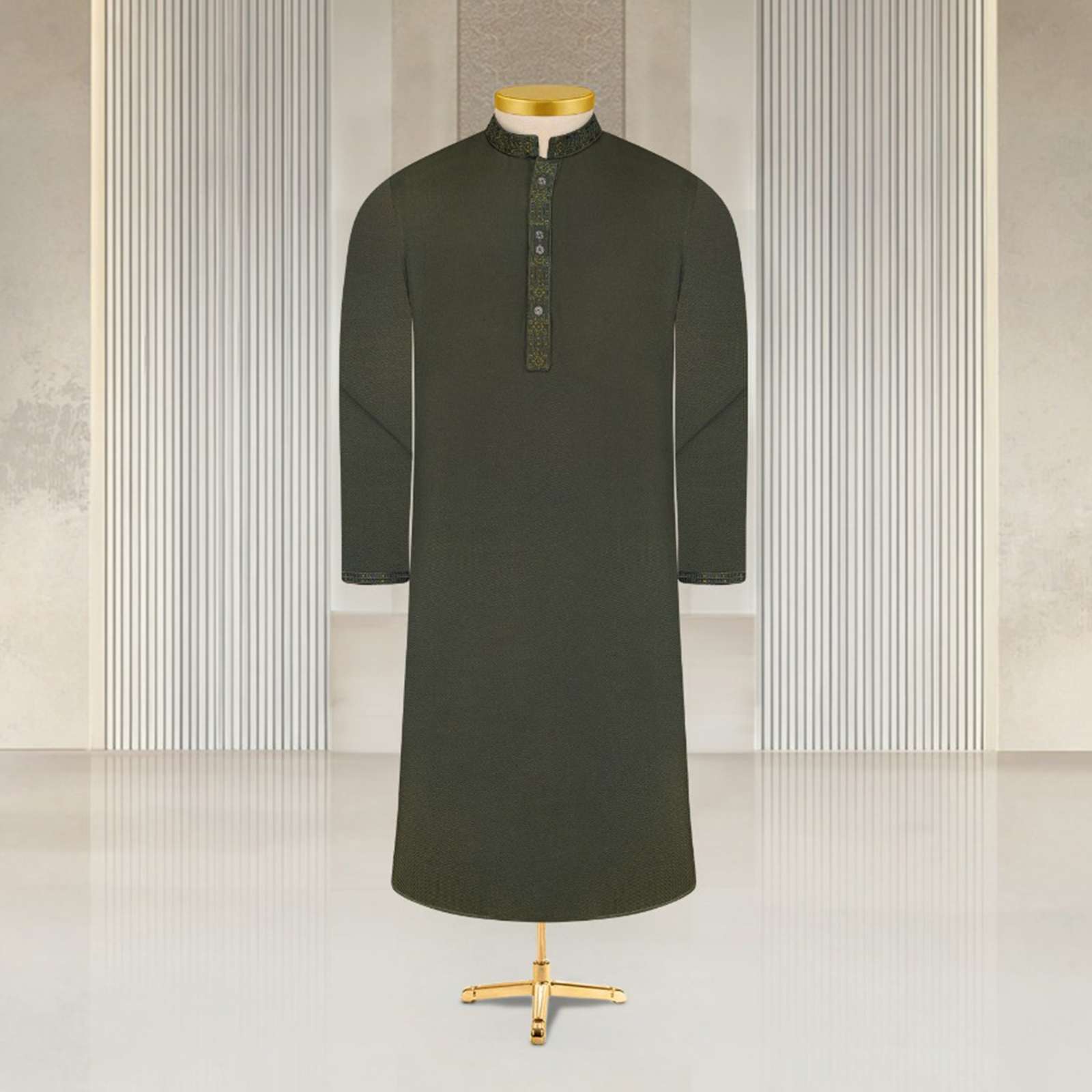 Olive Embroidered Regular Fit Panjabi - ZP601