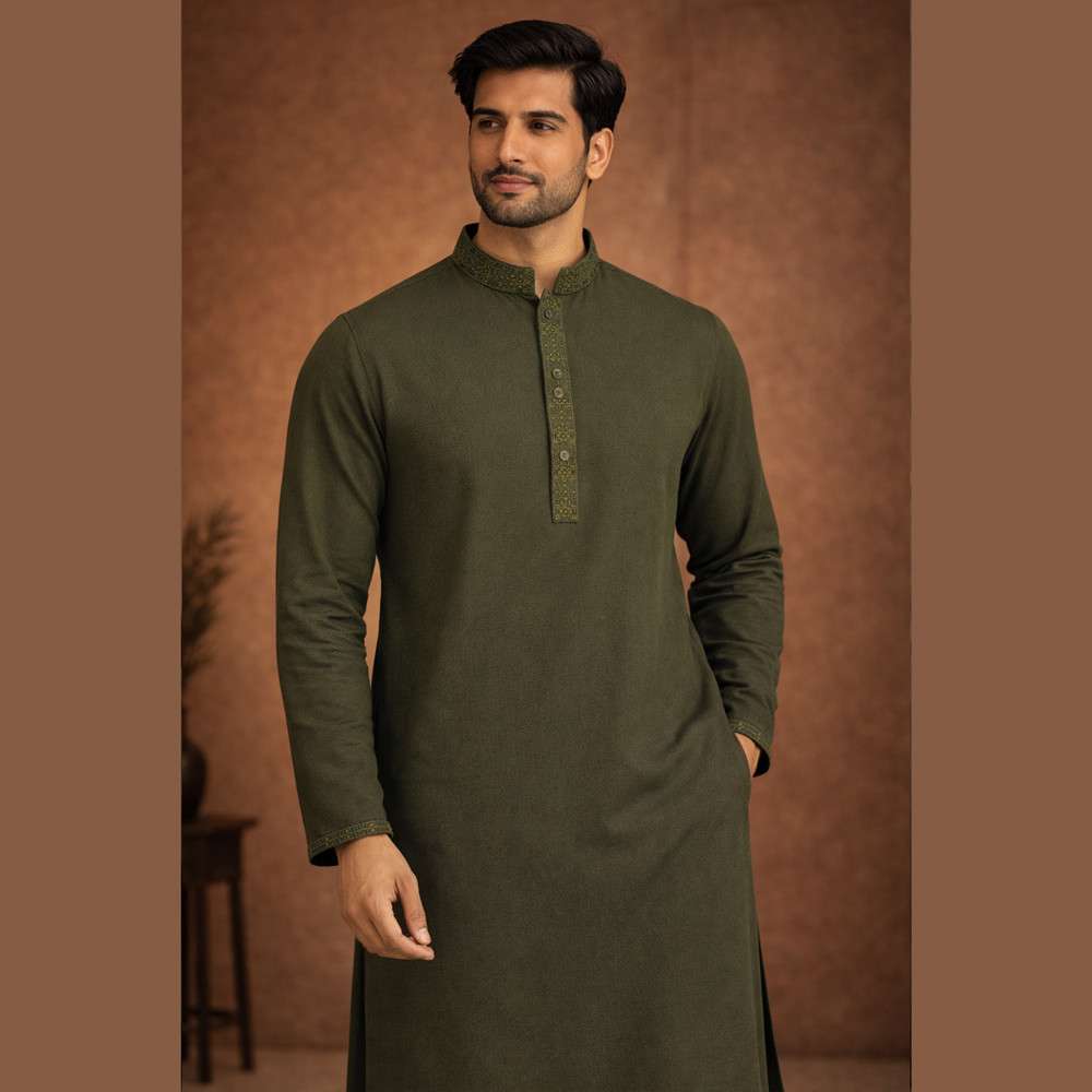 Olive Embroidered Regular Fit Panjabi - ZP601