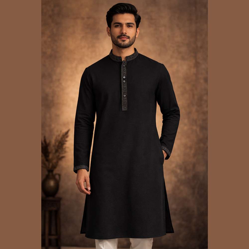 Black Embroidered Regular Fit Panjabi - ZP602
