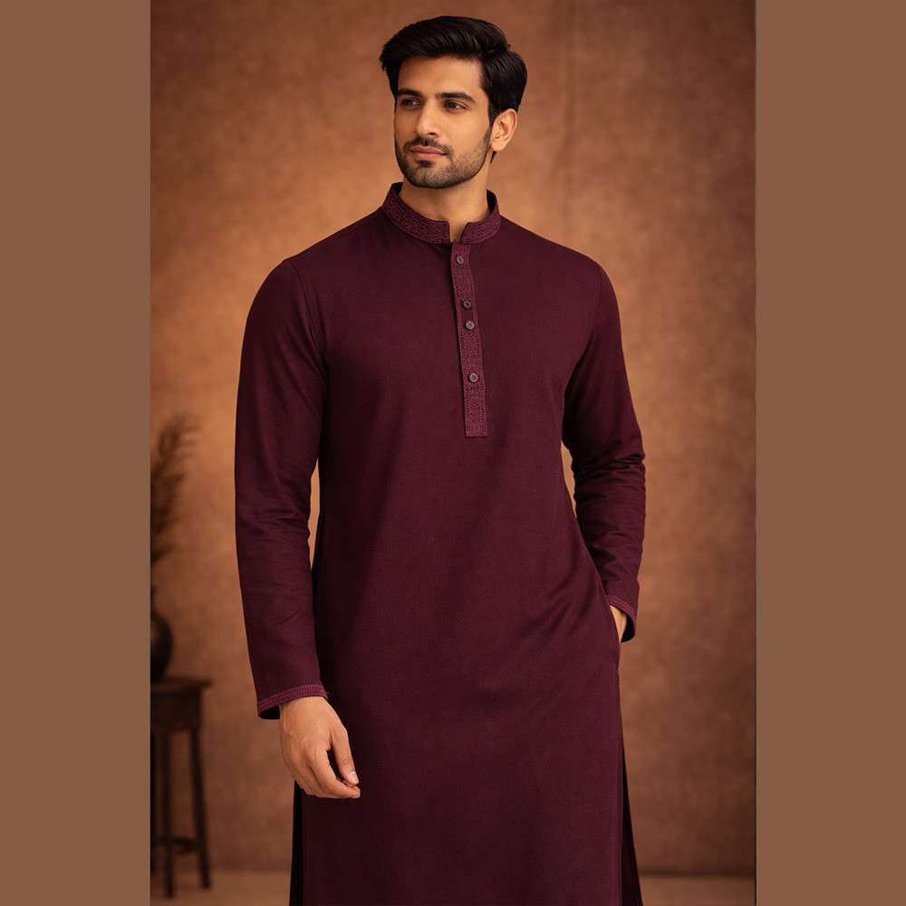 Purple Maroon Embroidered Regular Fit Panjabi - ZP604