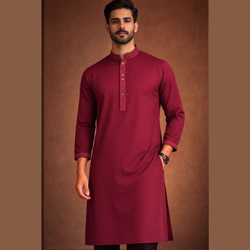Maroon Embroidered Regular Fit Panjabi - ZP606